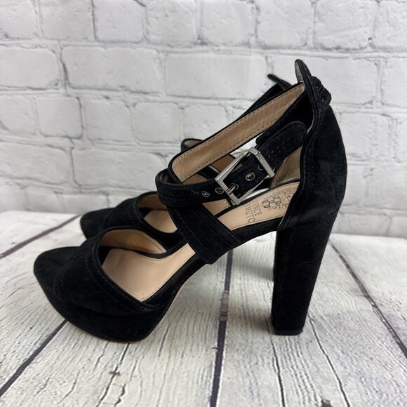 Vince Camuto‎ Sandals Womens 7.5 Black Suede Heeled Cross Strap Open Toe Shayla - Picture 3 of 9